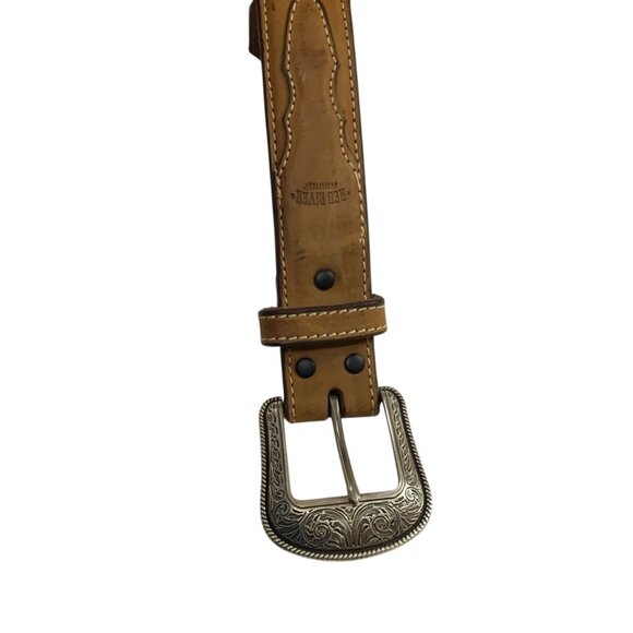 Red River Mens Belt Leather Western Tan Silver Tone Belt Buckle Size 40 Real Men - Picture 10 of 10